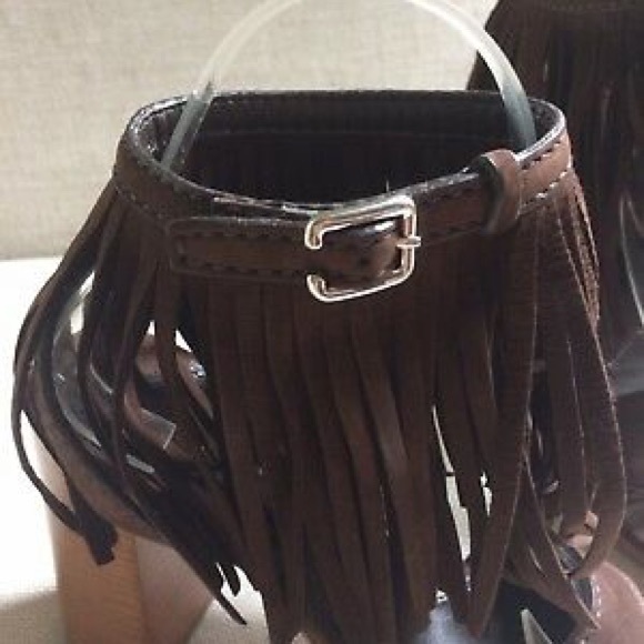 Prada Sandals Ankle Strap Block Fringe Brown Suede - Picture 4 of 8